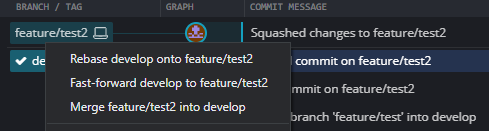 Because there have been no commits on develop, we can see here that Git Kraken gives the fast forward option.