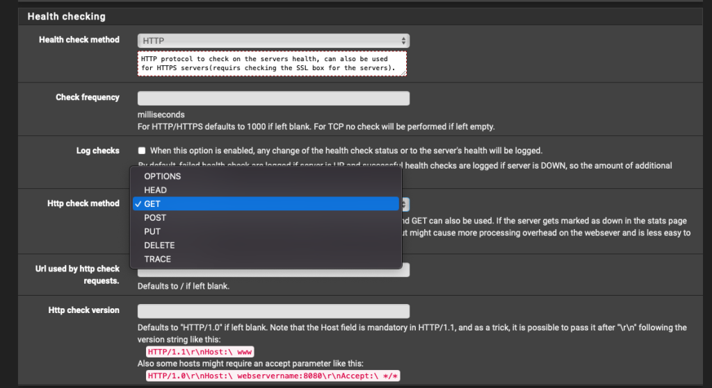 HAProxy health check methods include OPTIONS, HEAD, GET, POST, PUT, DELETE, and TRACE