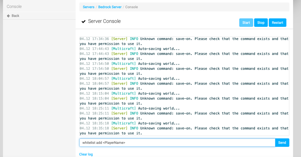 Bedrock server console with command to add a user to the allow list