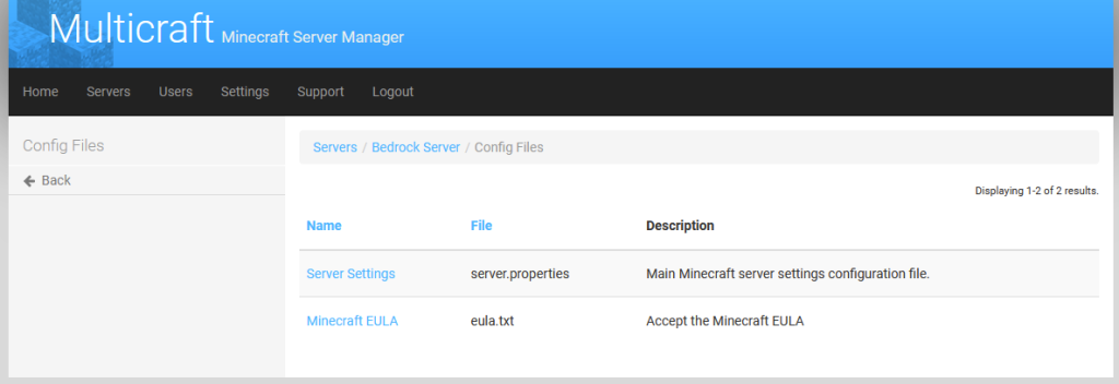 Multicraft Server Config Files Page