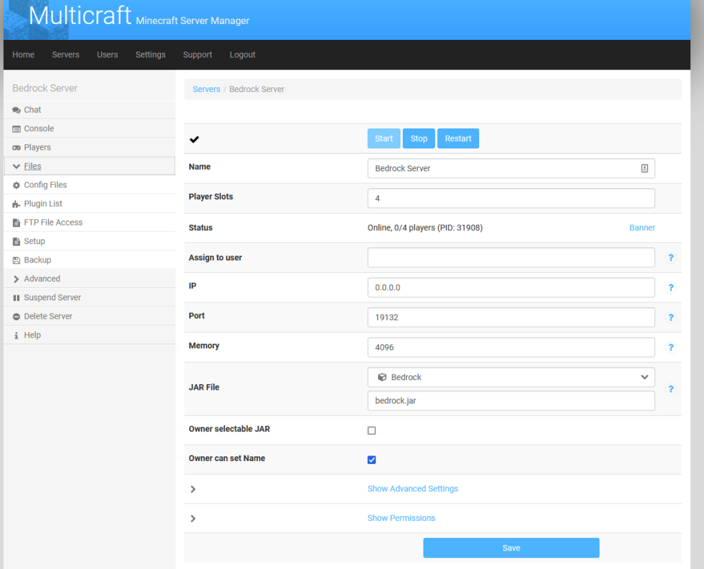 Multicraft server general settings page.