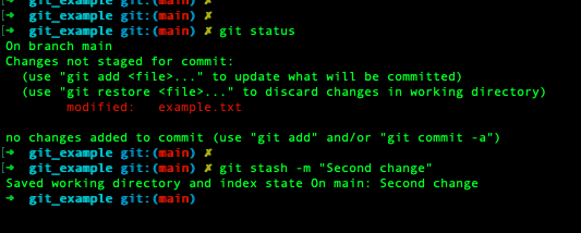 Git status showing a change and stashing the change with a message.