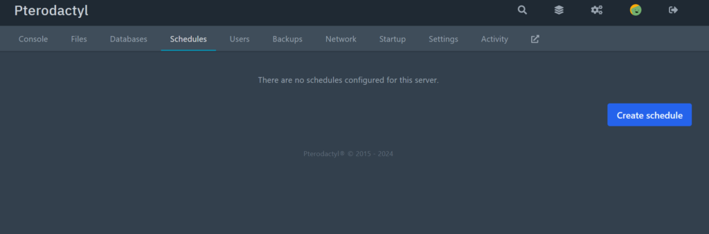 This shows the schedule page of Pterodactyl without any existing schedules.
