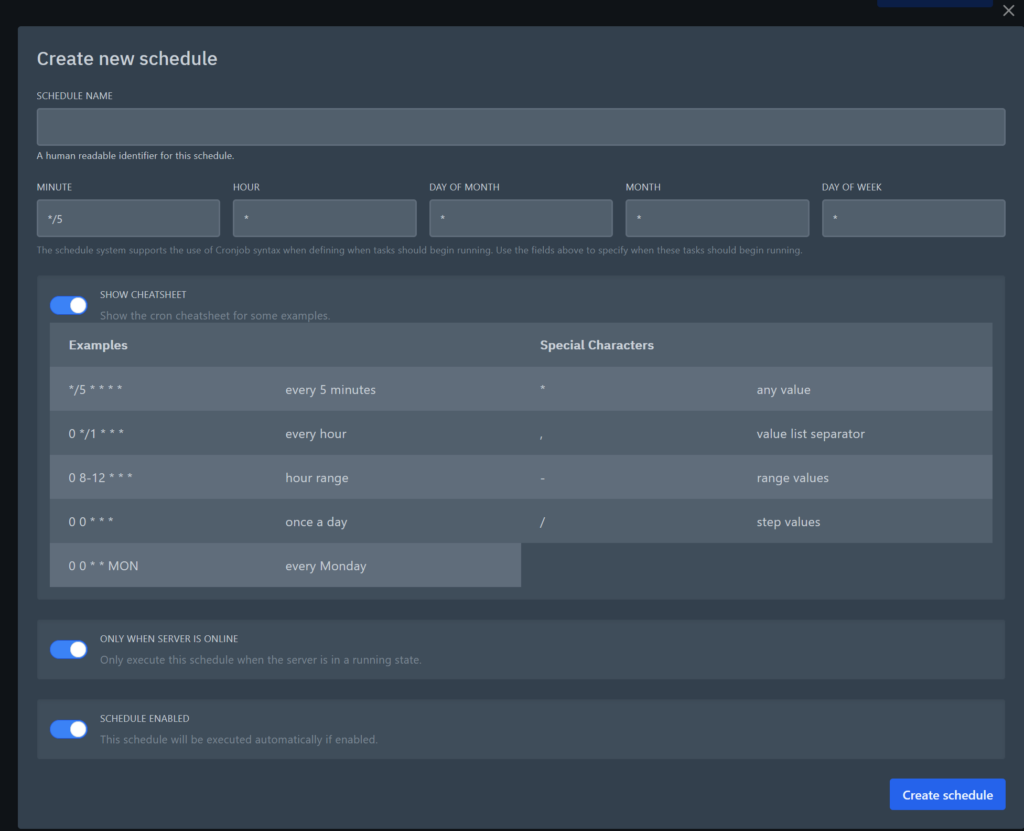 This shows the "Create Schedule" window for Pterodactyl with the cheatsheet visible