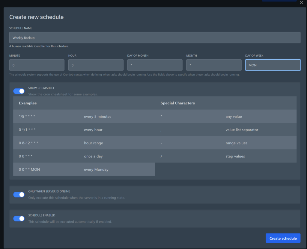 The pterodactyl schedule creation window with a weekly schedule filled in.